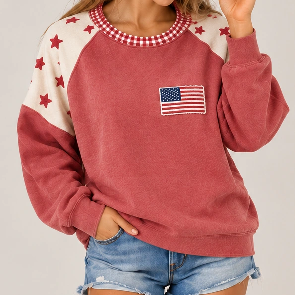 Original generated red raglan sweatshirt, cream star shoulder panels, embroidered flag and gingham collar